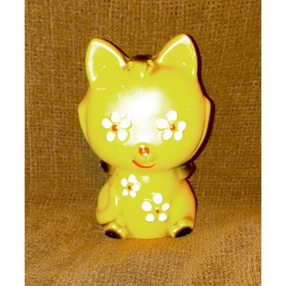 Vintage Yellow Daisy Eye Kitty Cat Salt Shaker w/Stopper Signed Japan - Picture 2 of 4